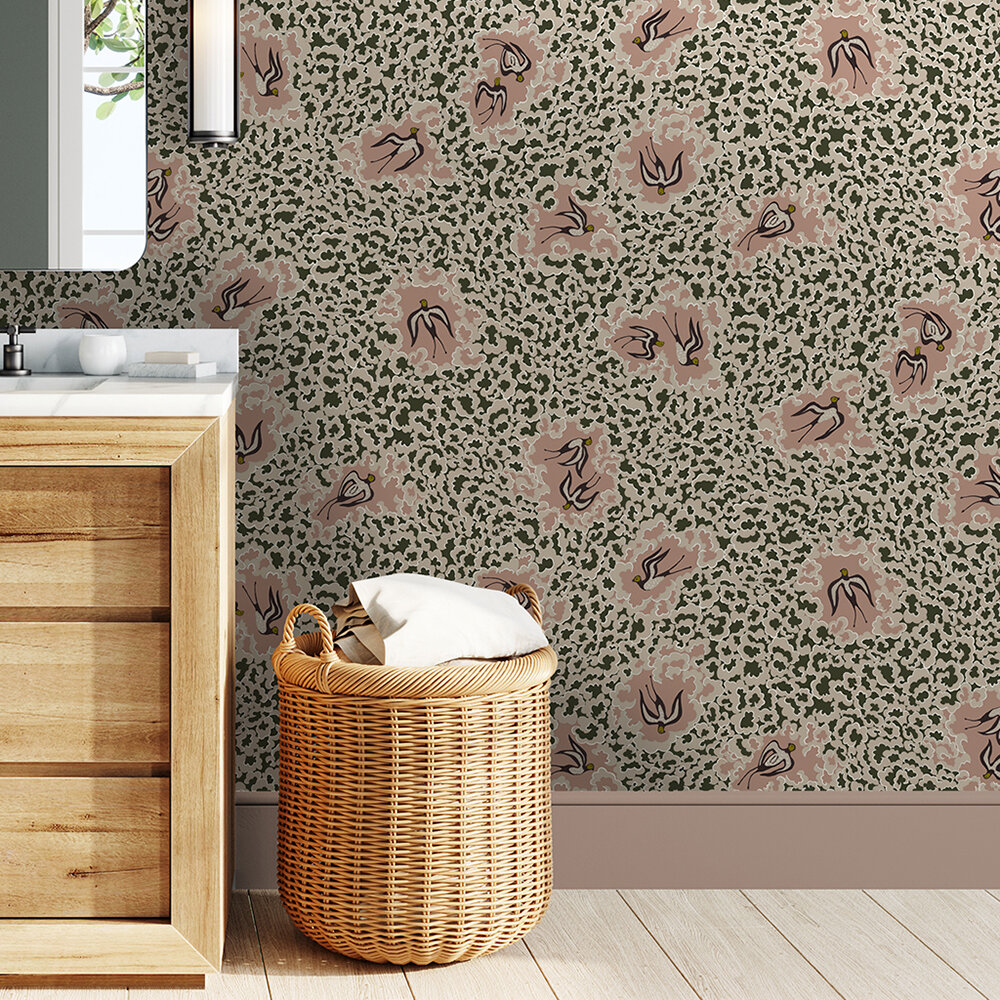 Bea's Swallows Wallpaper - Chaingate Green and Ham Pink - by Josephine Munsey