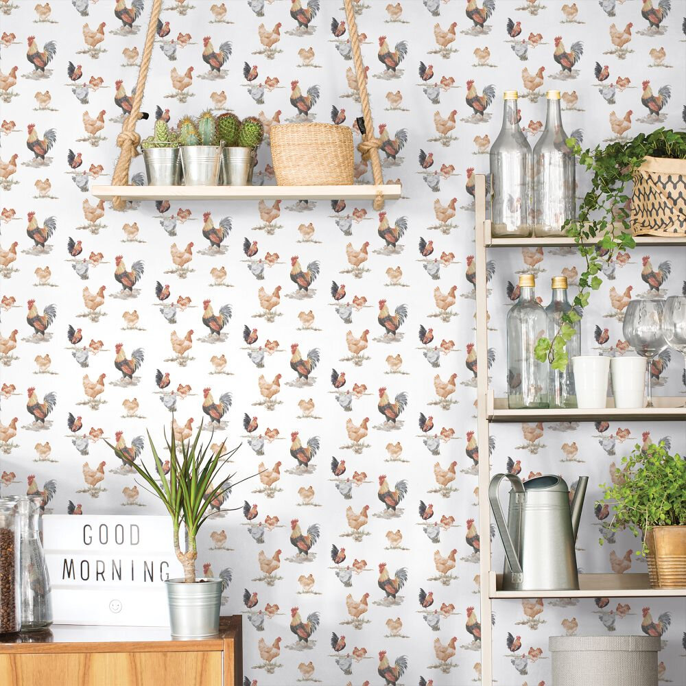 Chickens Wallpaper - Brown / Multi - by Galerie