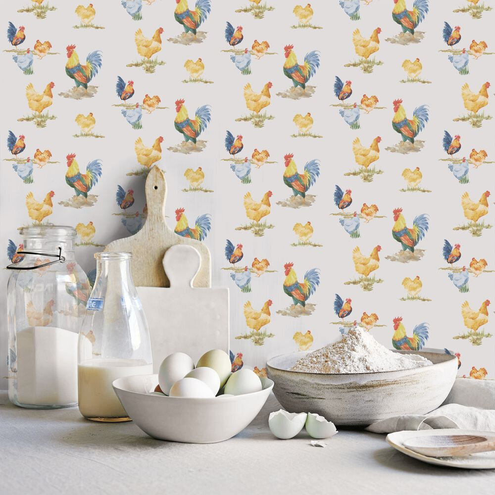 Chickens Wallpaper - Blue / Multi - by Galerie