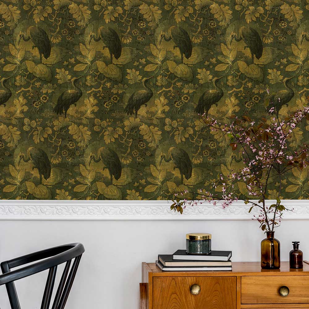 Heron Wallpaper - Olive Green - by NLXL