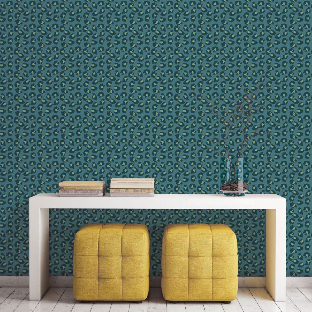 Leopard Wallpaper - Teal - by Galerie