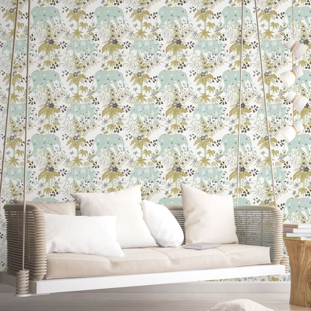 Floral Elephant Wallpaper - White - by Galerie