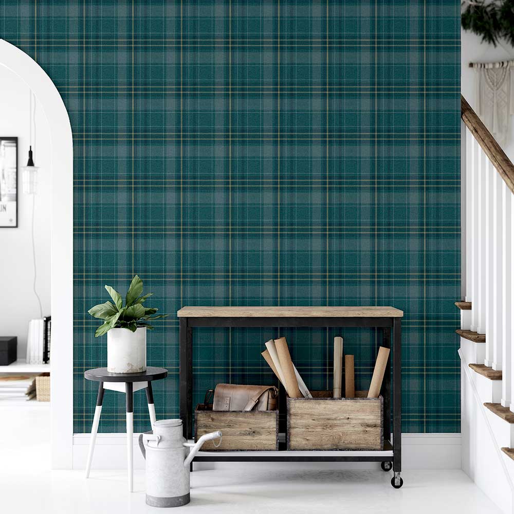 Twilled Plaid Wallpaper - Emerald Green - by Arthouse