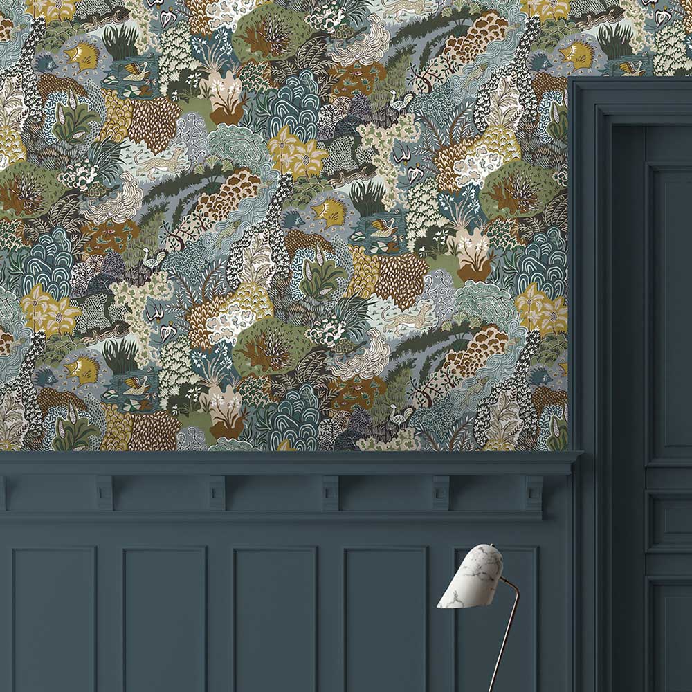 Whimsical Clumps Wallpaper - Olive, Brown and Blue - by Josephine Munsey