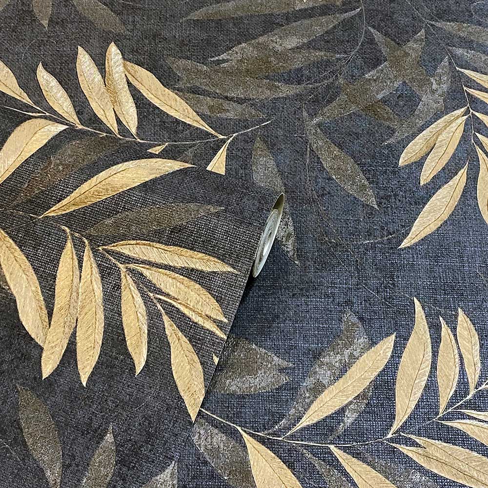 Luxury Leaf Wallpaper - Navy / Champagne - by Arthouse