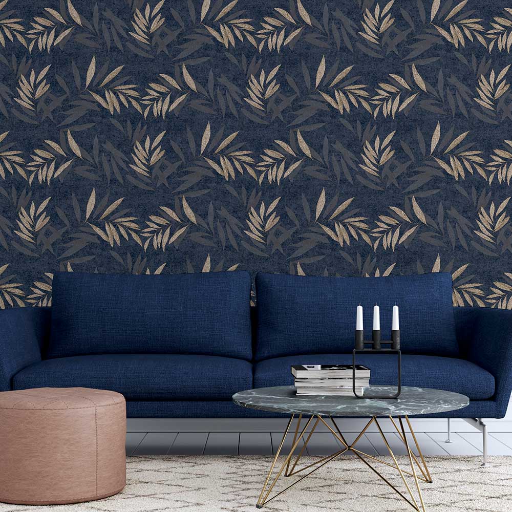 Luxury Leaf Wallpaper - Navy / Champagne - by Arthouse
