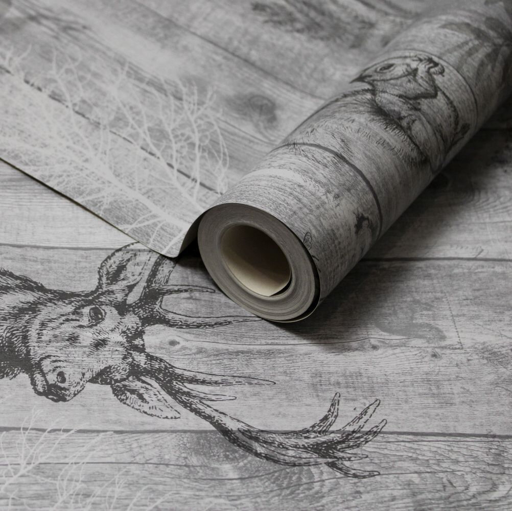 Stag Wood Panel Wallpaper - Grey - by Albany