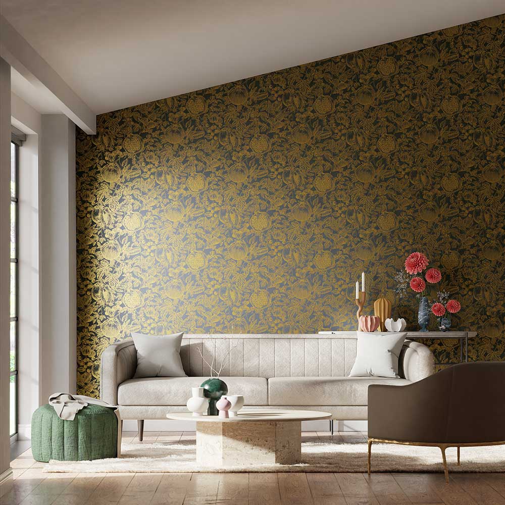 Melograno Wallpaper - Gold / Wild Water - by Harlequin