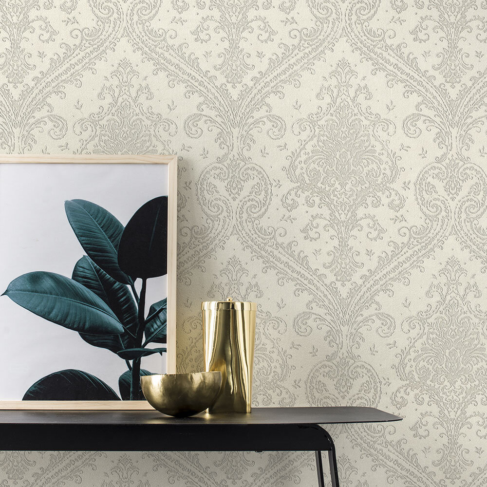 Shimmer Damask Wallpaper - Pale Grey / Silver - by Albany