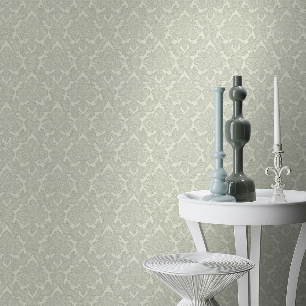 Faux silk damask Wallpaper - Silver - by Albany