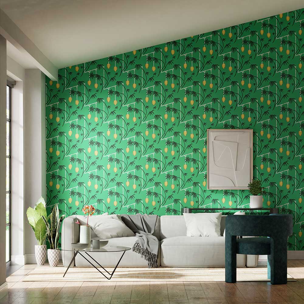 Kimiko Wallpaper - Bottle Green / Chartreuse - by Harlequin