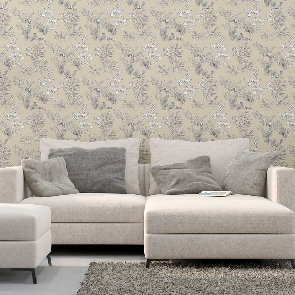 Toucan Toile Wallpaper - Linen - by Ohpopsi