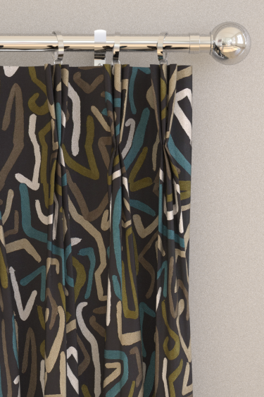 Synchronic  Curtains - Black Earth/ Bleached Coral/ Moss - by Harlequin. Click for more details and a description.
