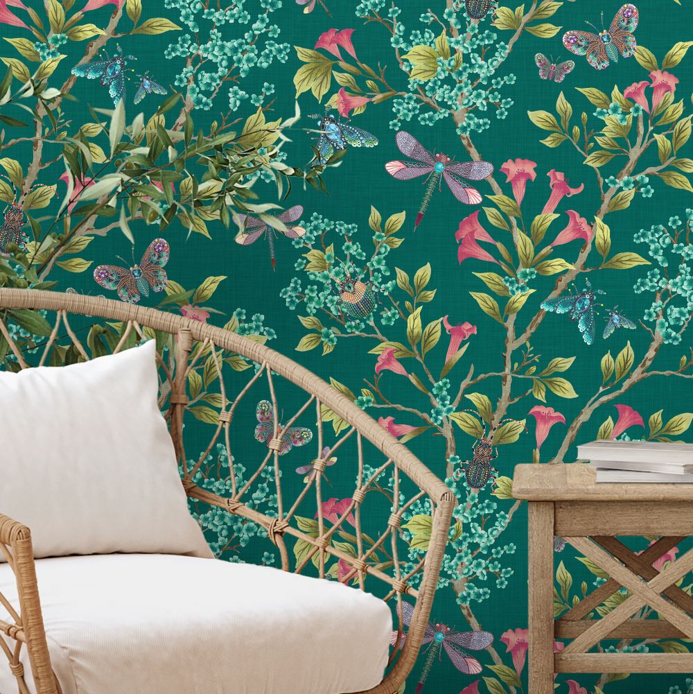 Jewel A Flutter Wallpaper - Teal & Coral - by Brand McKenzie