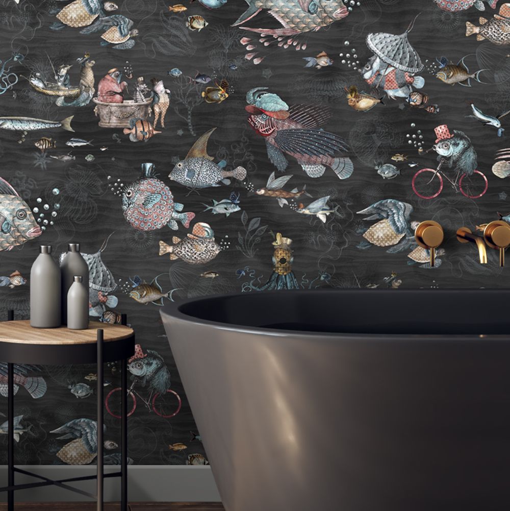 Sea Life Wallpaper - Charcoal & Pink - by Brand McKenzie