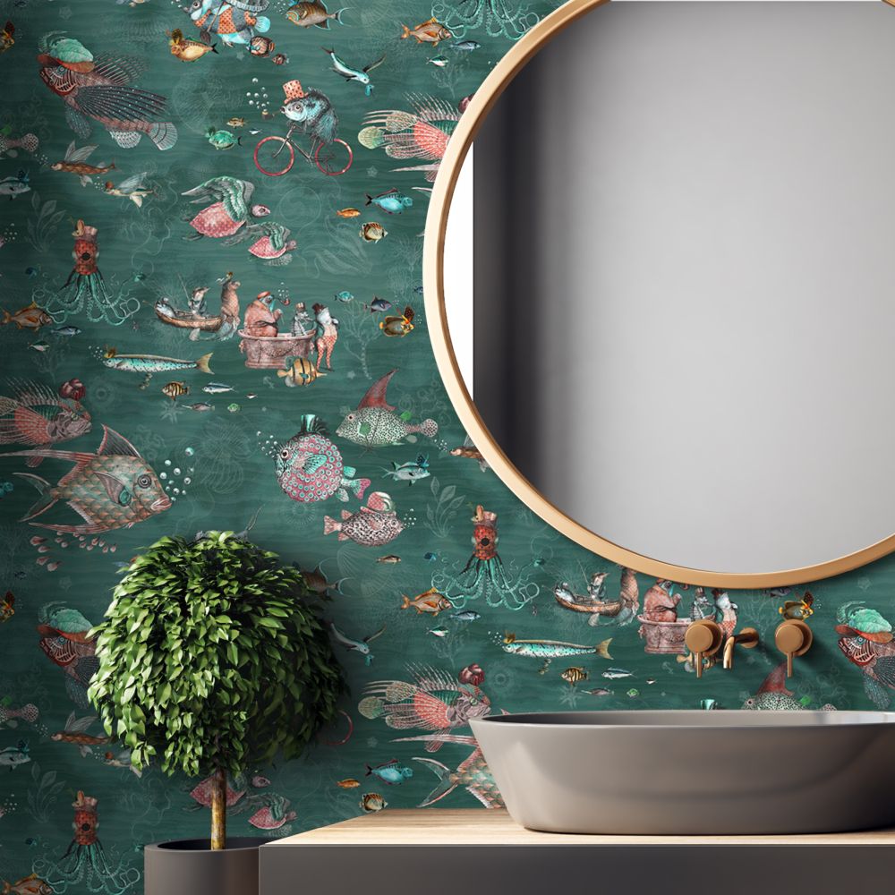 Sea Life Wallpaper - Teal & Coral - by Brand McKenzie