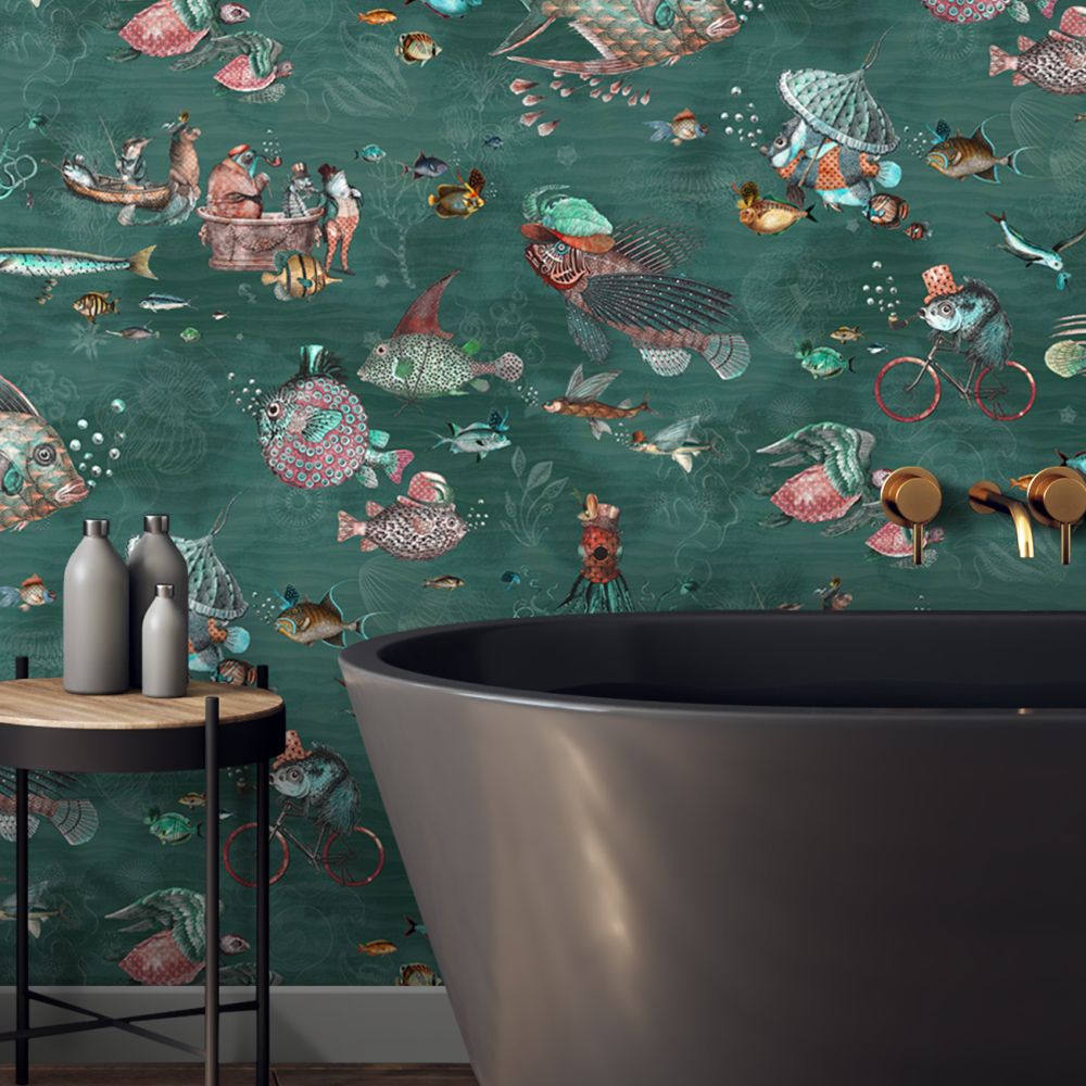 Sea Life Wallpaper - Teal & Coral - by Brand McKenzie