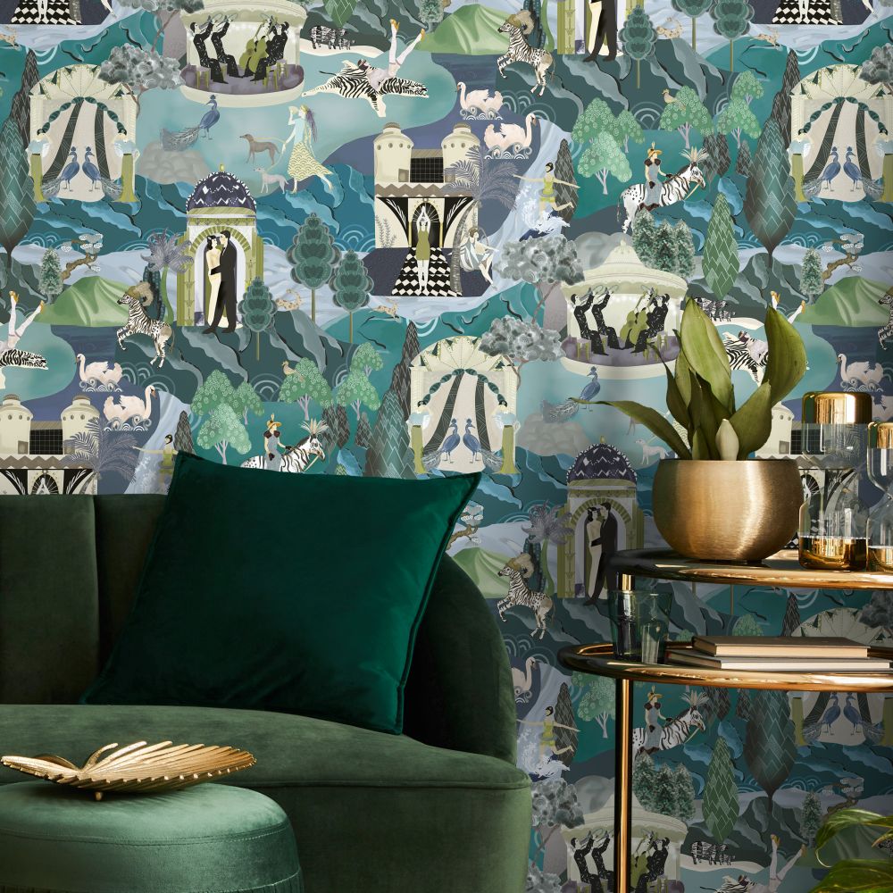The Art Deco Hills Wallpaper - Aqua - by Brand McKenzie