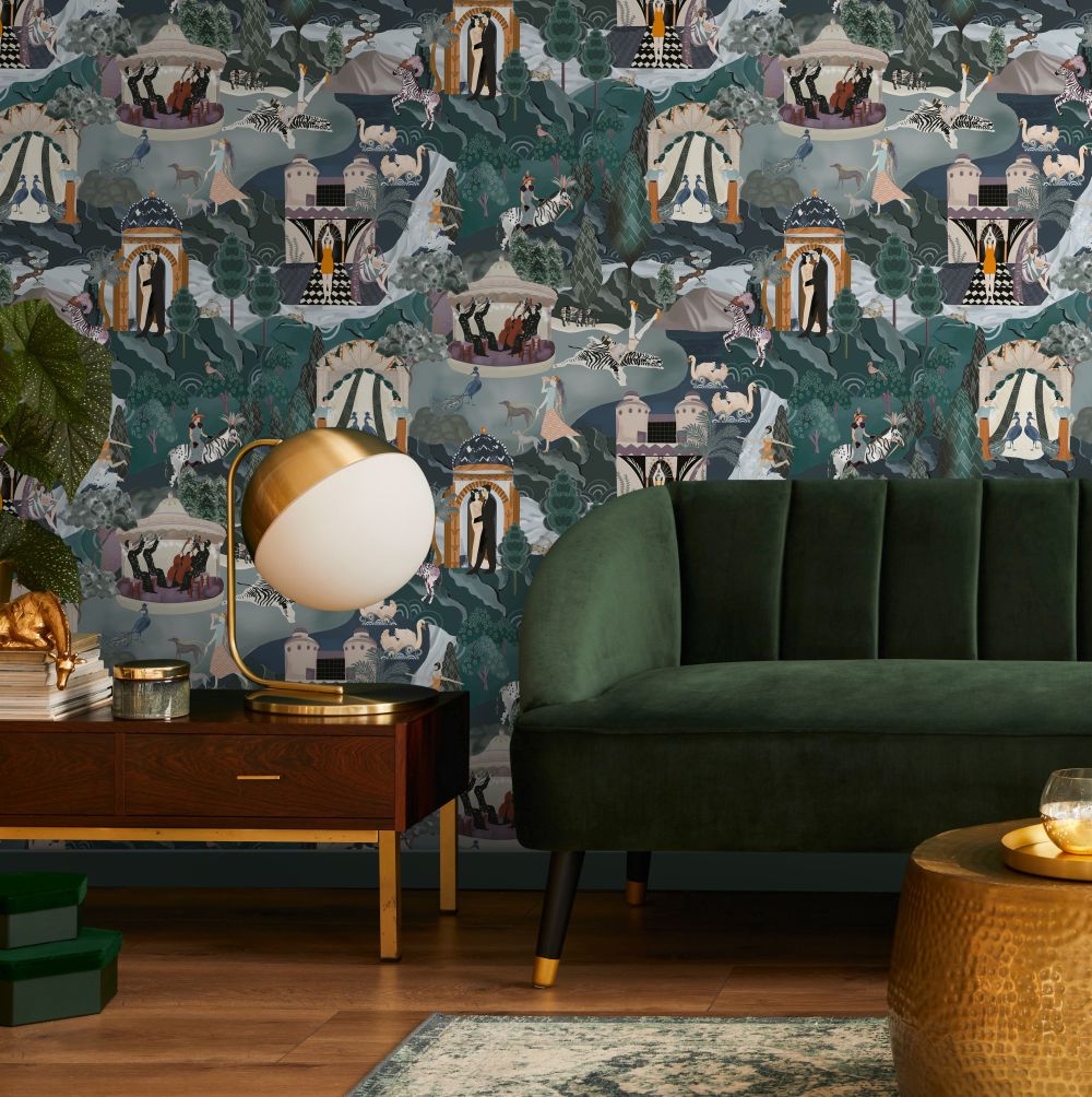 The Art Deco Hills Wallpaper - Teal & Copper - by Brand McKenzie