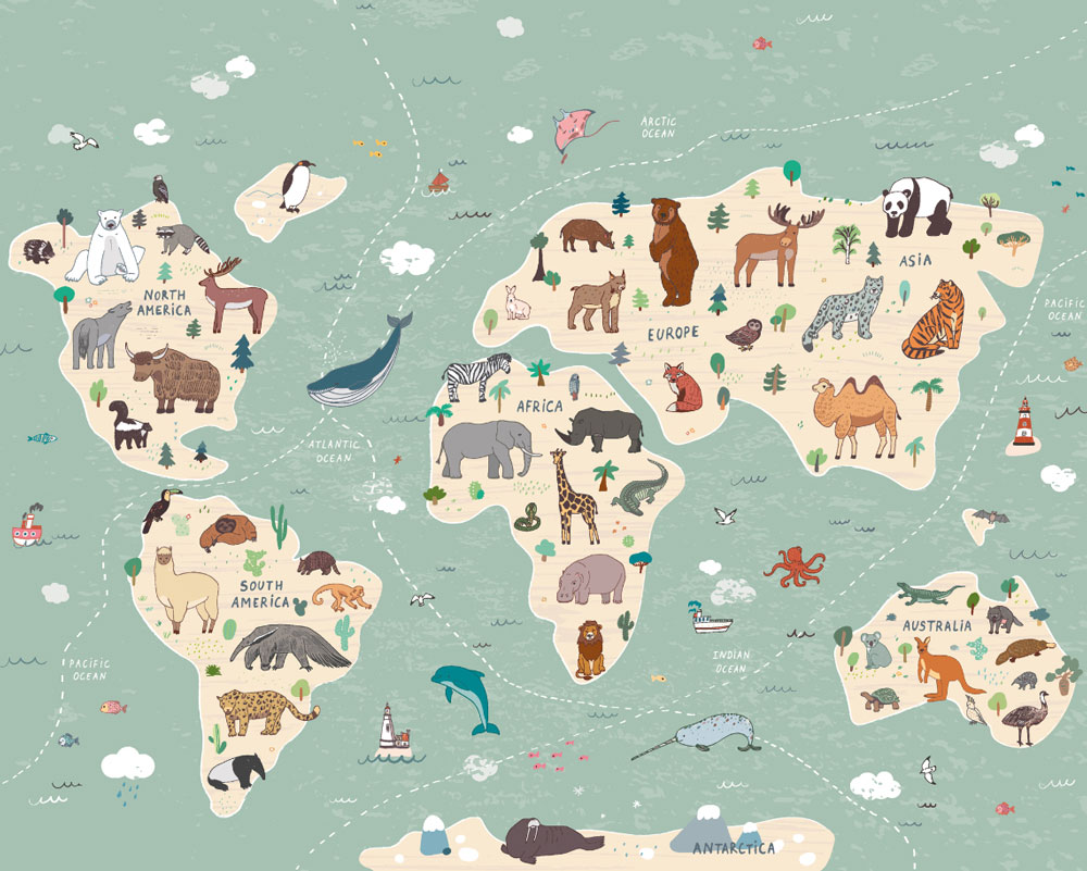 Children's World Map Mural - Multi - by Origin Murals