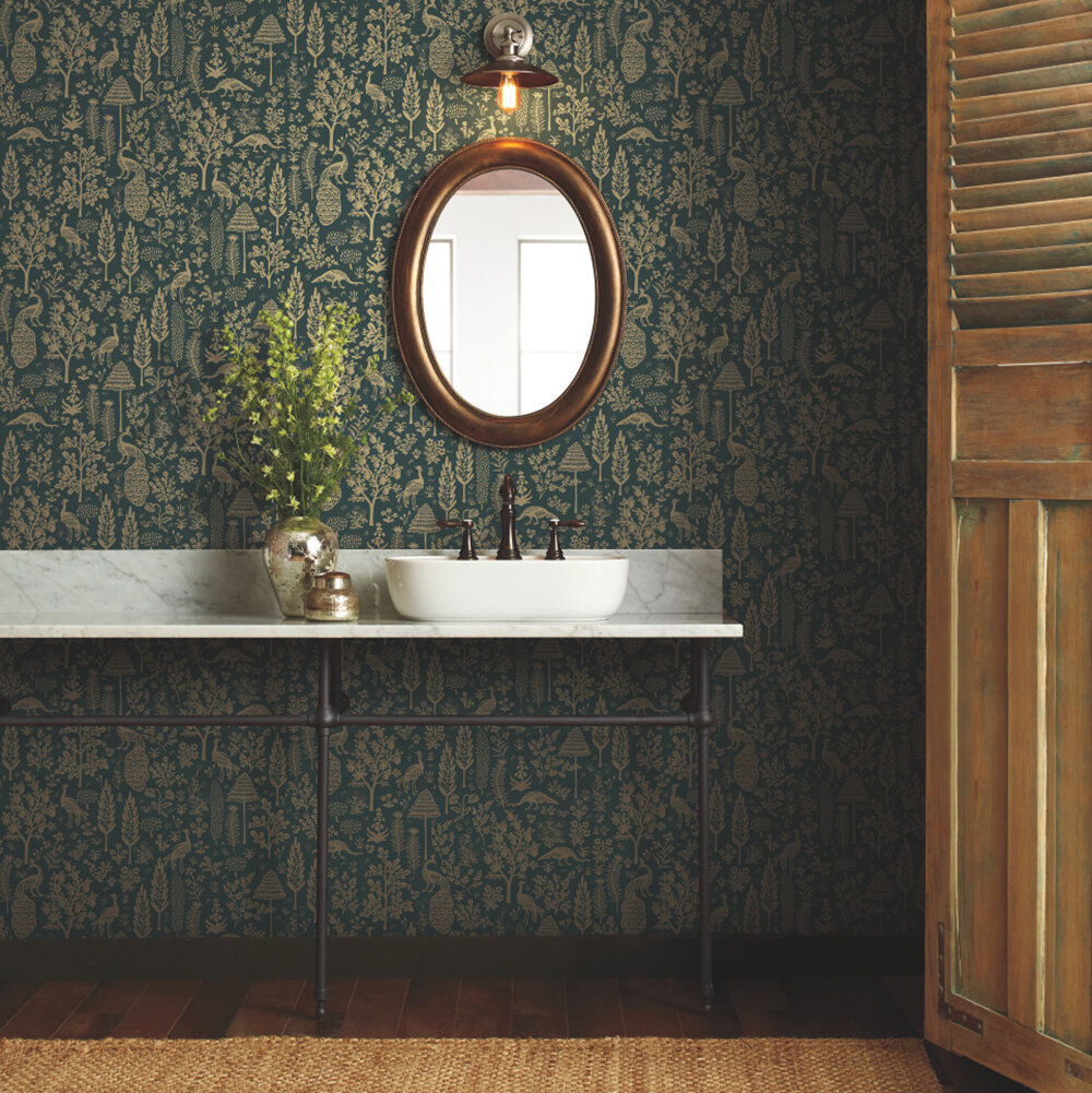 Menagerie Toile Wallpaper - Emerald & Metallic Gold - by Rifle Paper Co.