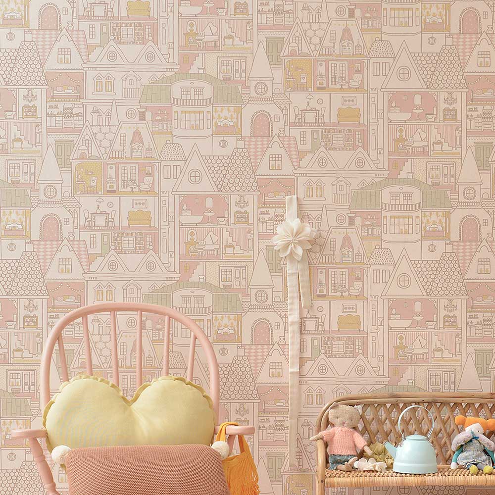 Dollhouse Wallpaper - Sunny Pink - by Majvillan