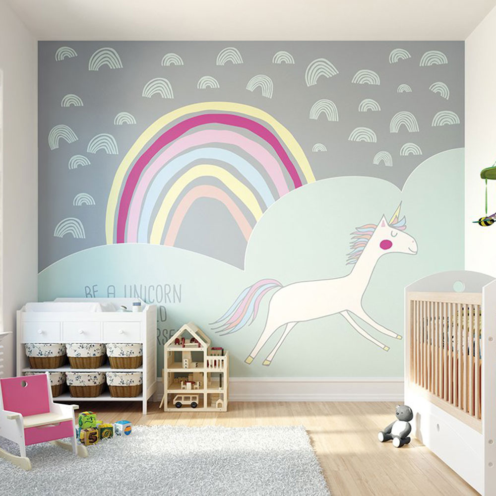 Rainbow Unicorn  Mural - Mint & Grey - by Origin Murals