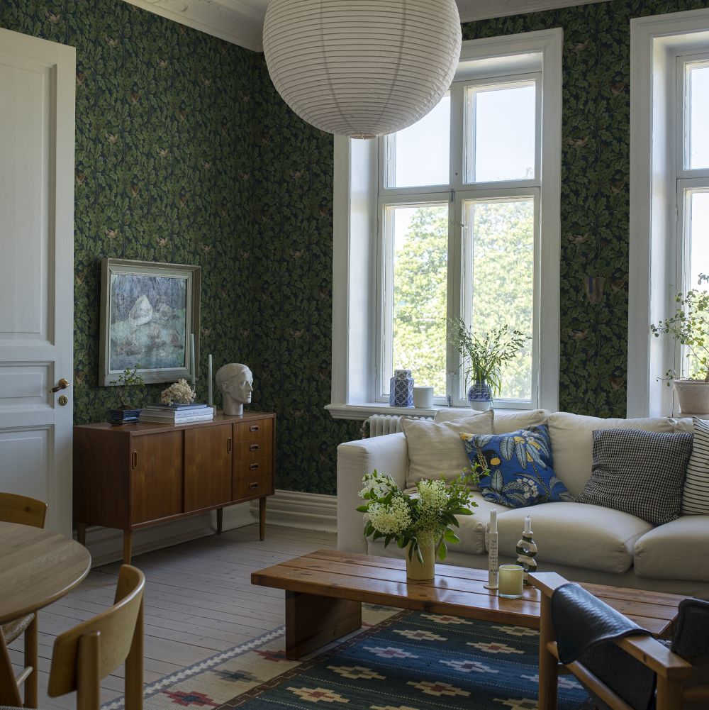 In the Oak Wallpaper - Charcoal / Green - by Boråstapeter