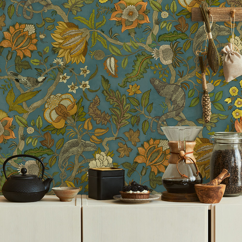 Chameleon Trail Wallpaper - Teal and Orange - by Josephine Munsey