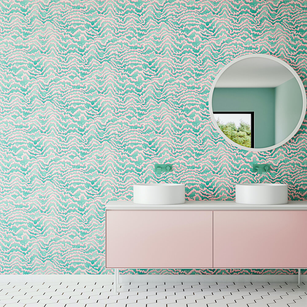 Contour Wallpaper - Bubble Gum & Mint - by Ohpopsi