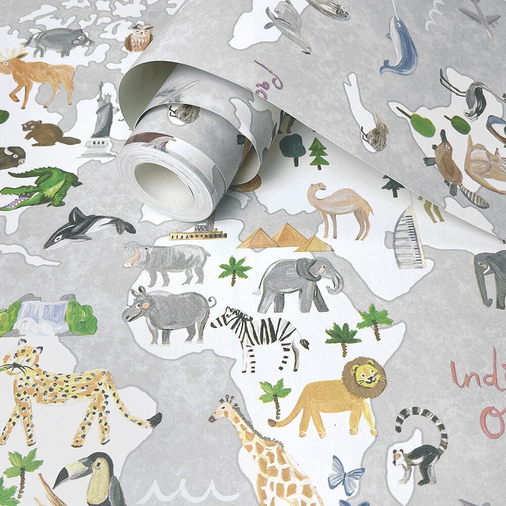 Animal Maps Wallpaper - Grey - by Albany