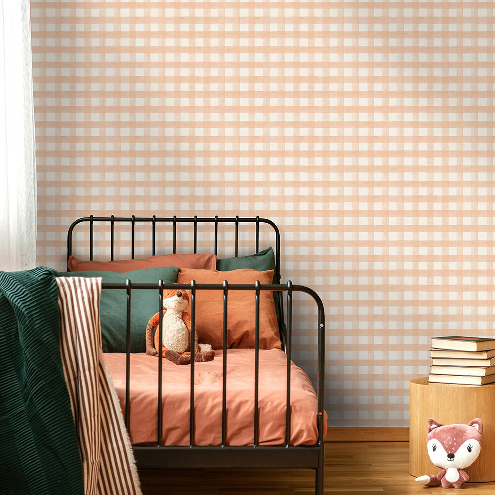 Watercolour Gingham Wallpaper - Soft Coral - by Albany