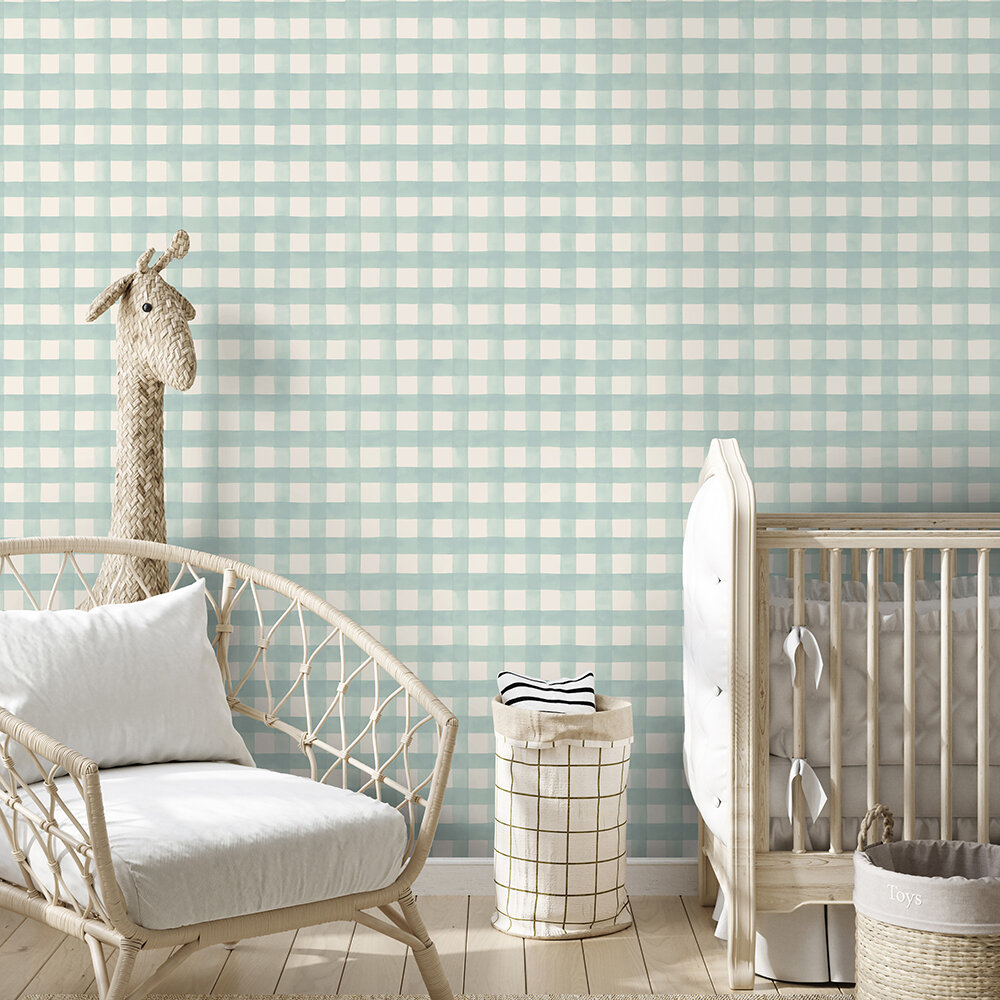 Watercolour Gingham Wallpaper - Soft Teal - by Albany