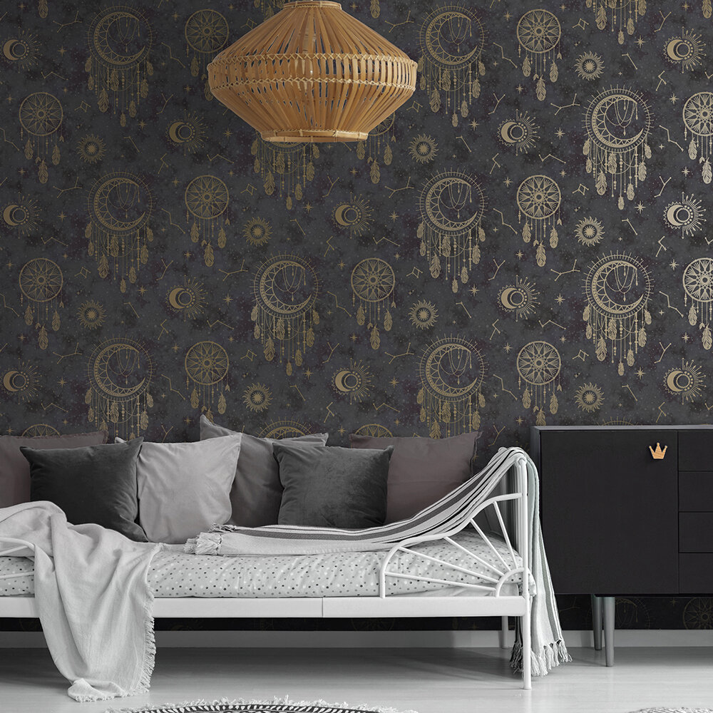 Dreamcatcher Wallpaper - Black / Gold - by Albany