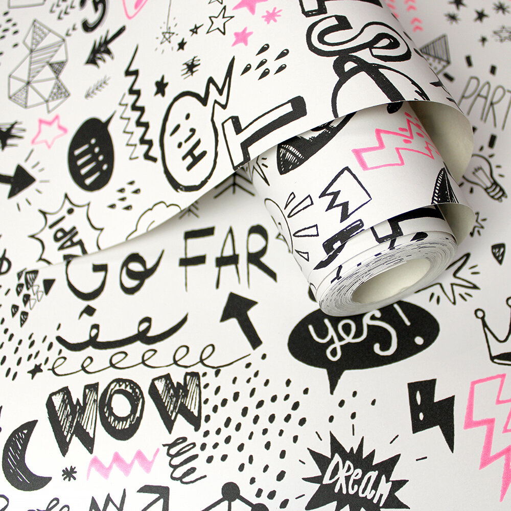Doodle Wallpaper - White / Neon Pink - by Albany