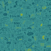 Doodle Wallpaper - Teal / Neon Yellow - by Albany. Click for more details and a description.
