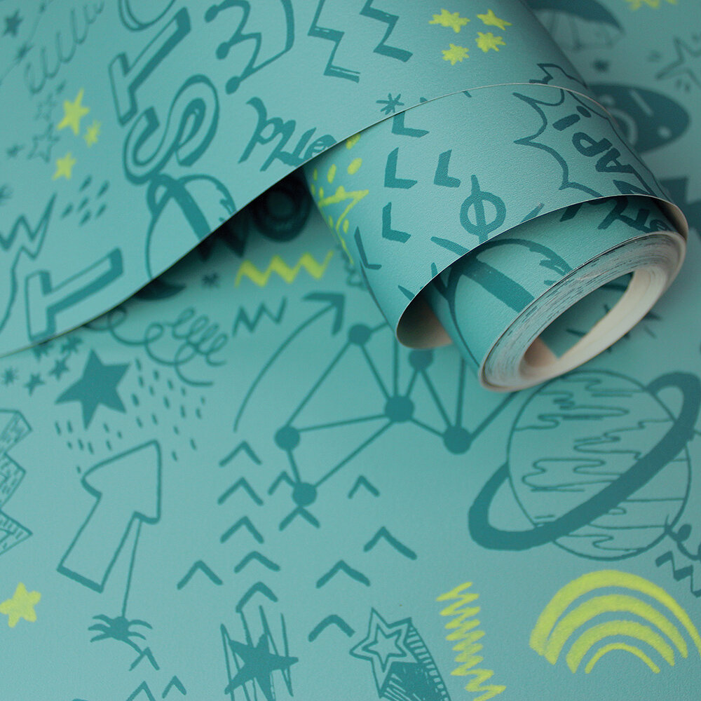 Doodle Wallpaper - Teal / Neon Yellow - by Albany