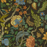 Chameleon Trail Wallpaper - Black, Orange and Blue - by Josephine Munsey. Click for more details and a description.