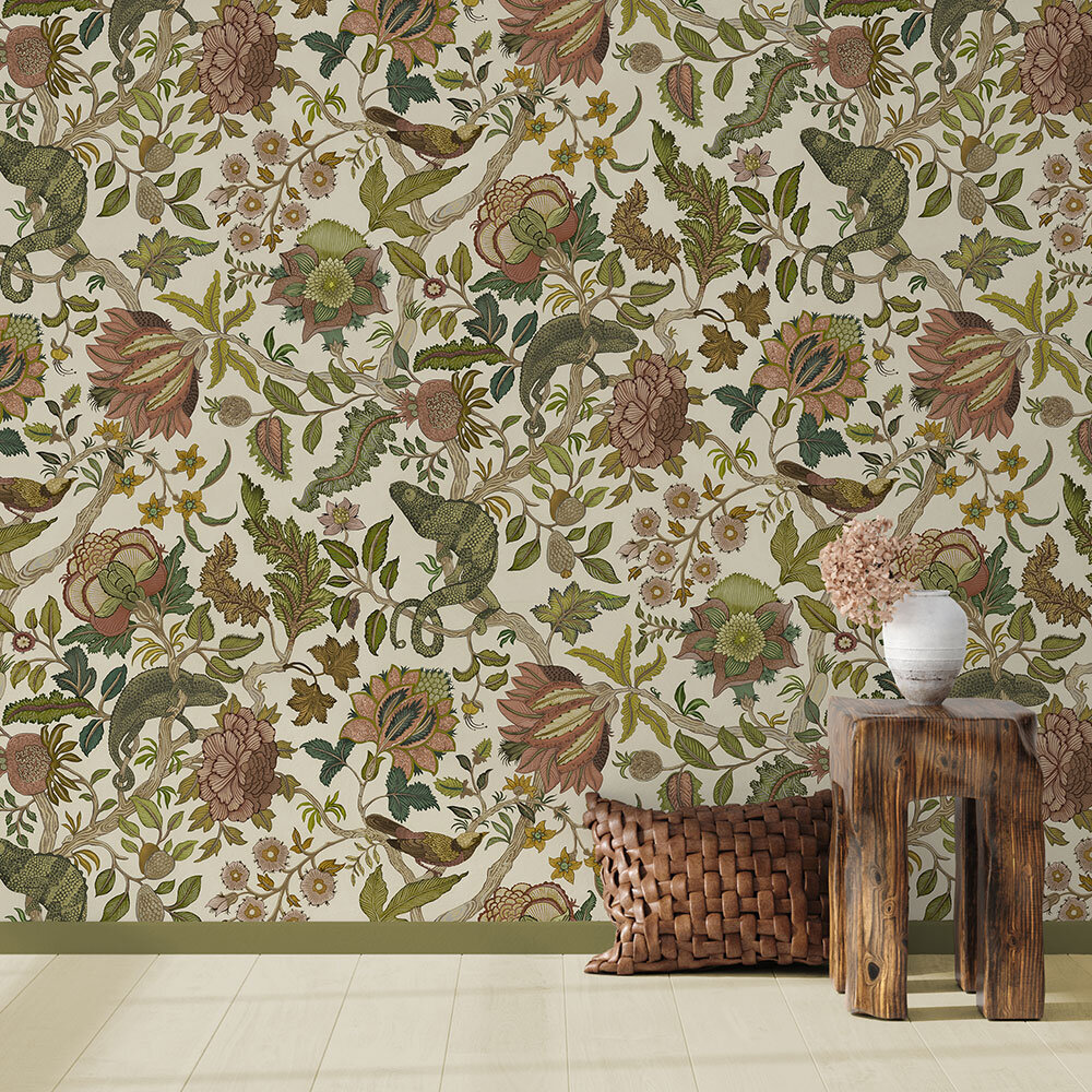 Chameleon Trail Wallpaper - Dusty Pinks and Olive - by Josephine Munsey