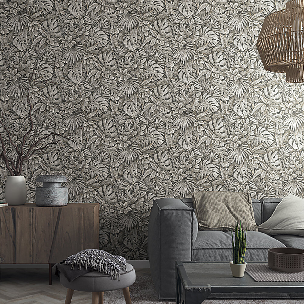 Tropical Leaves Wallpaper - Charcoal - by Galerie