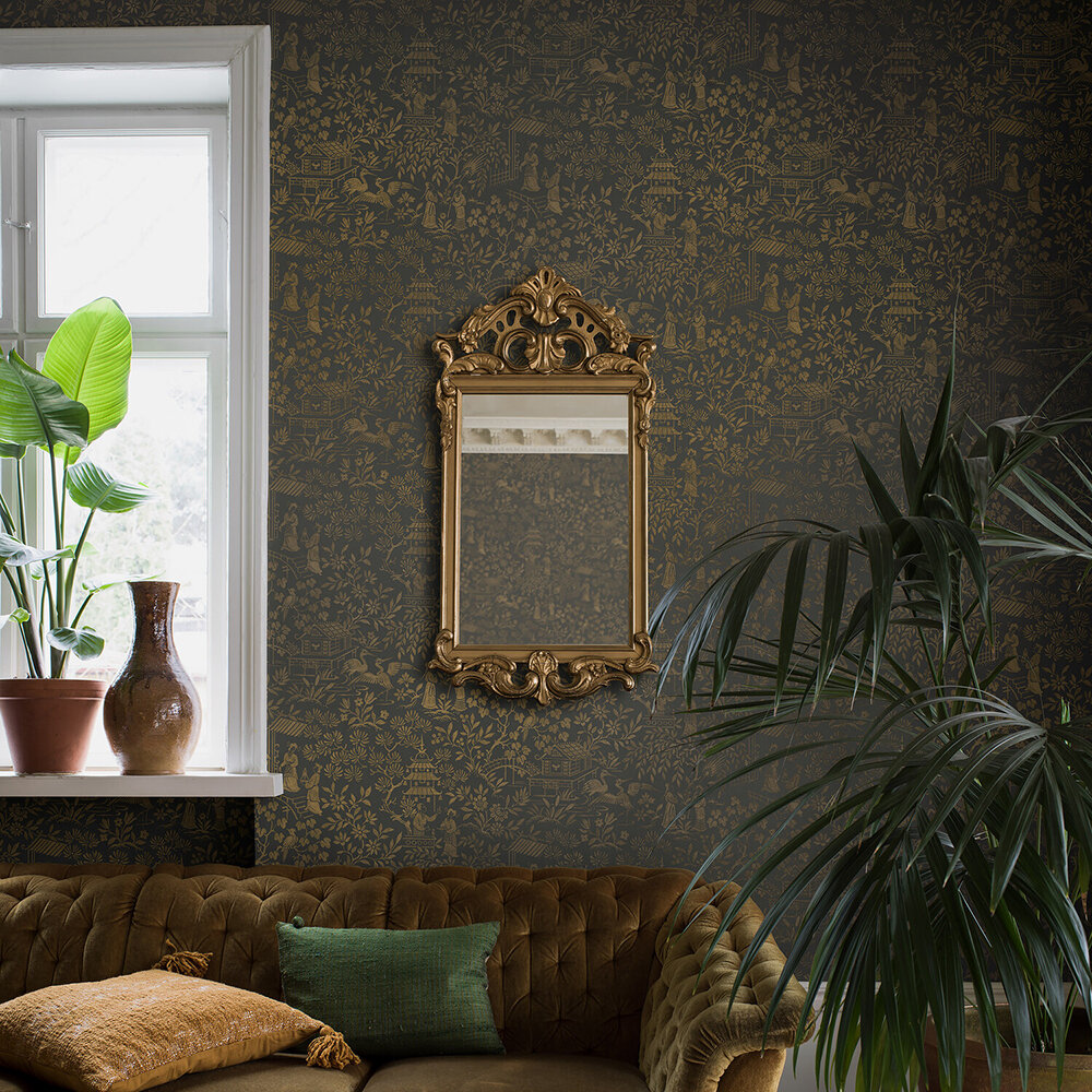 Oriental Garden Wallpaper - Charcoal - by Boråstapeter