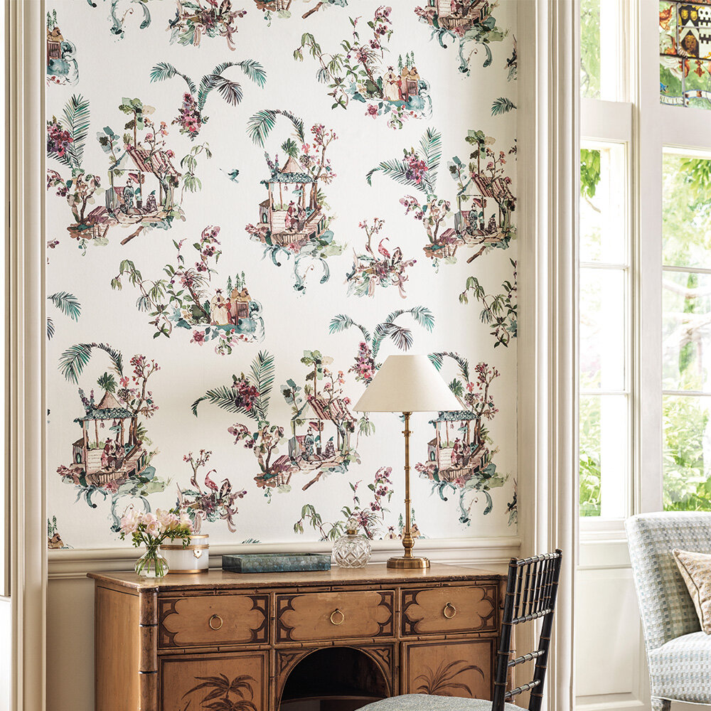 Toile Chinoise Wallpaper - Teal/ Magenta - by Nina Campbell