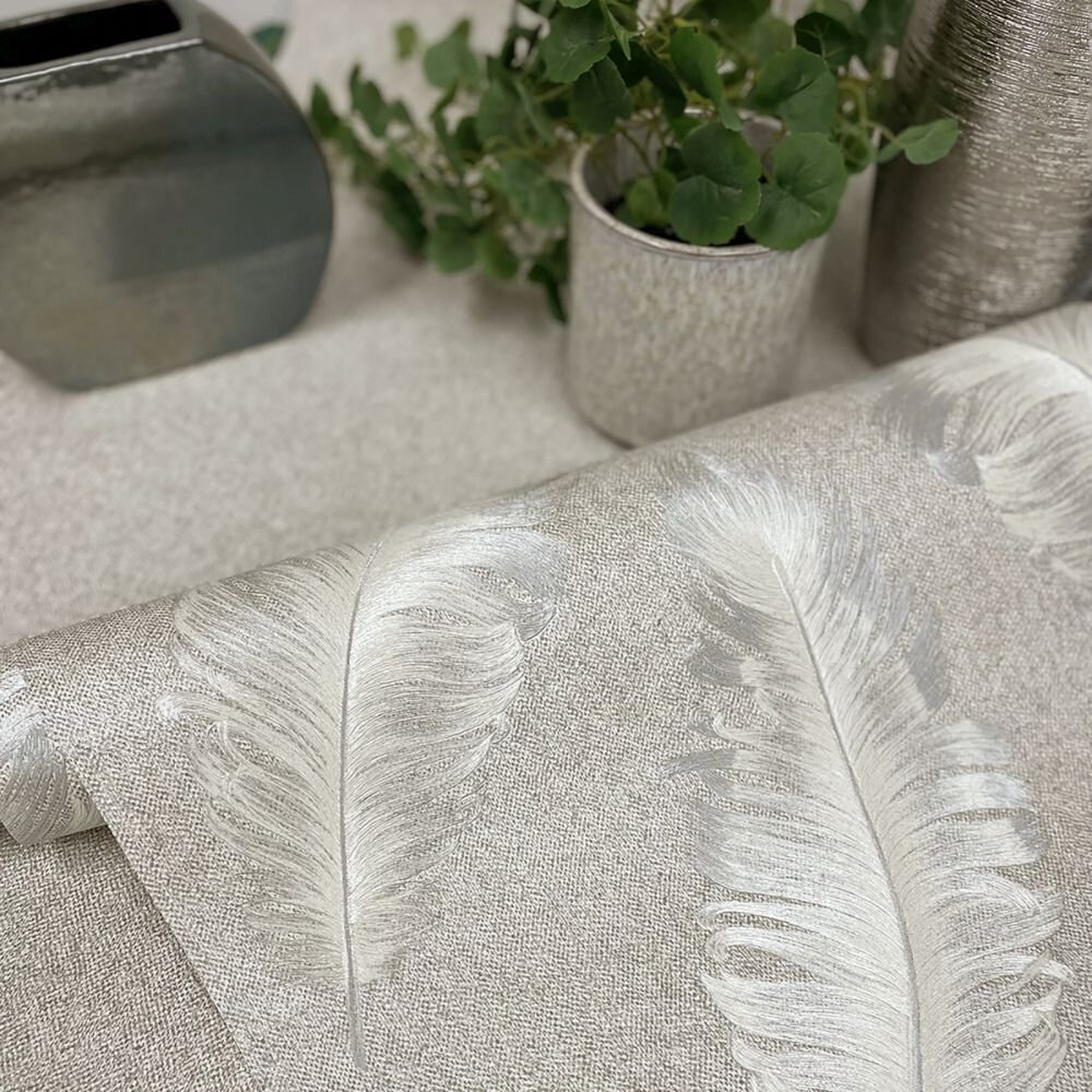 Ciara Glitter Feather Wallpaper - Silver - by Albany