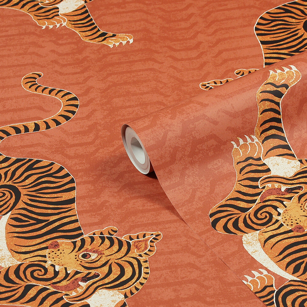 Tibetan Tiger Wallpaper - Coral - by Furn.
