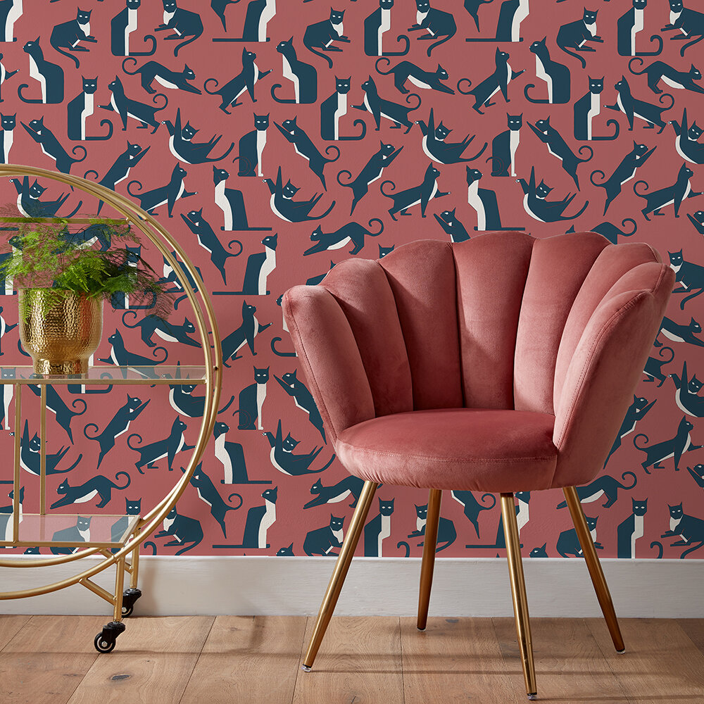 Geo Cat Wallpaper - Terracotta / Coral - by Furn.