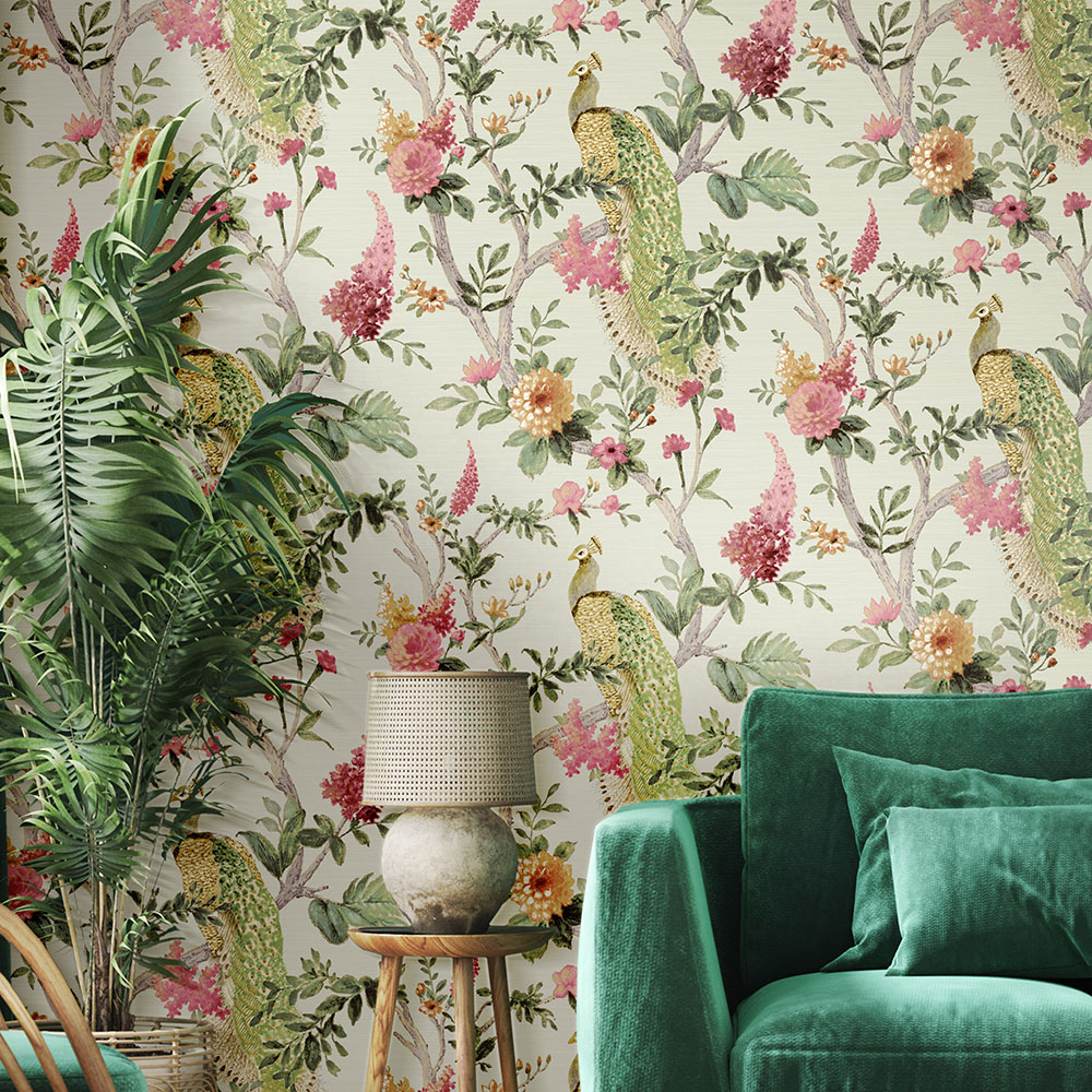 Pavone Platino Wallpaper - Pink Green - by Galerie