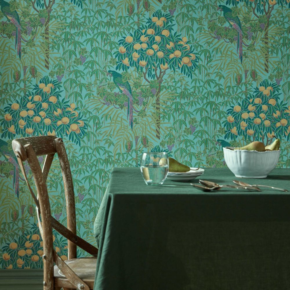 Macaw Wallpaper - Teal - by 1838 Wallcoverings