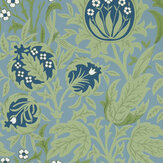 Elmcote Wallpaper - Dearle Blue - by Morris. Click for more details and a description.