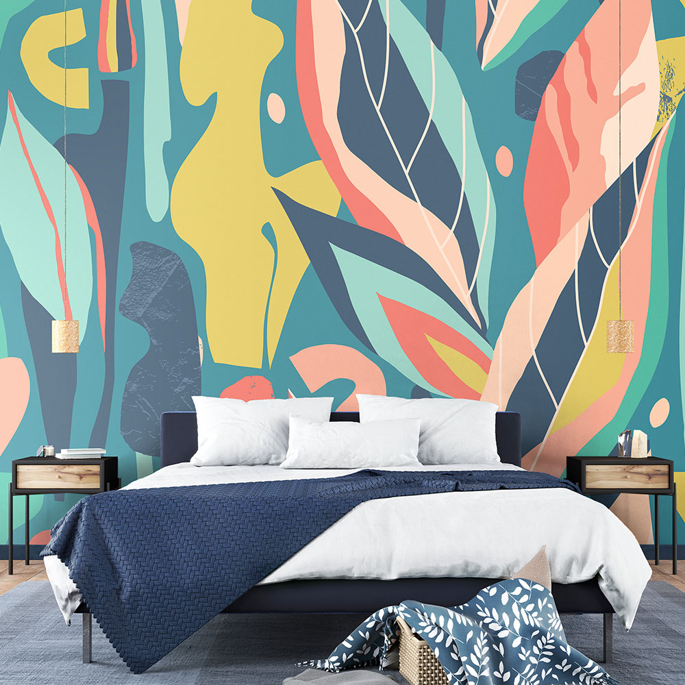Abstract Leaf Shapes Large Mural - Blue - by Origin Murals