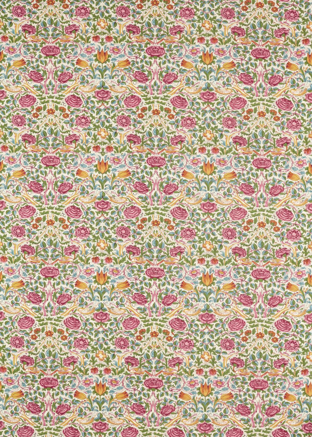 Rose Fabric - Boughs Green / Rose - by Morris